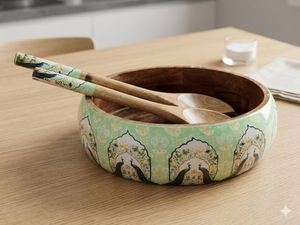Wooden Salad Bowl Set with Matching <b>Serving</b> <b>Tongs</b> and a Unique Porcelain Design. Large 10x4 Inch - Product Image 2