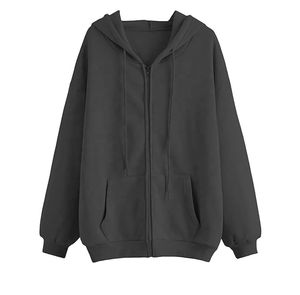 เสื้อฮู้ดซิปผู้หญิงสีกรมท่าทรงโอเวอร์ไซส์ ผ้าฝ้ายถัก 100% ระบายอากาศได้ดี เหมาะสำหรับฤดูหนาว แขนยาว สีพื้น - Product Image 4