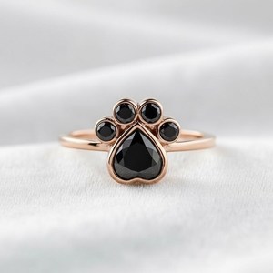 Bague en onyx noir avec empreinte de patte, argent sterling 925 plaqué or 14 carats, bijou minimaliste pour amoureux des animaux, chien, chat, cadeau - Product Image 2