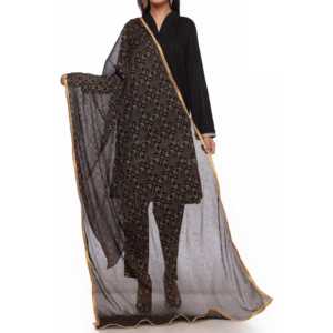 Mousseline de soie sérigraphiée noire Dupatta PS2703 pour robes de cocktail - Product Image 1