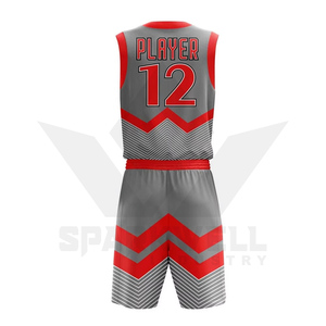 Ensemble de maillots de basket-ball géométriques gris et rouges personnalisés, sans manches, col en V, évacuation de l'humidité, impression sublimée, unisexe adulte, 100% polyester - Product Image 6