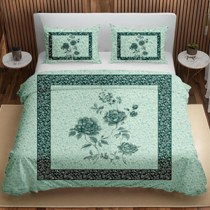 Mint Green Cotton King Size Bedsheet <b>Set</b> | 3 Piece Vintage Floral Panel Print <b>Bedspread</b> with Pillow Covers Soft Elegant Bedding - Product Image 1
