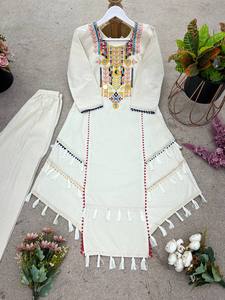 Casual Wear India Pakistan Style White with Colorful <b>Stitching</b> and Tassels Outfit Pure Khadi Cotton Embroidery Work Co-Ord Set - Product Image 5