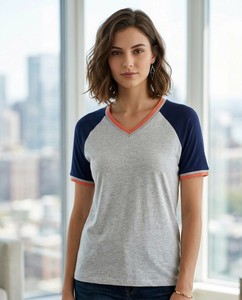 T-shirt décontracté pour femme à col en V et manches raglan, color block, coupe classique, printemps-été, 100 % coton jersey respirant, manches courtes - Product Image 5