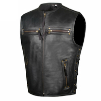Gilet de moto en cuir véritable pour homme, respirant, sans manches, avec poches zippées, col en V, noir, écologique, pour l'automne