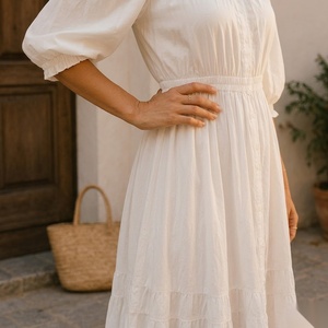 Off The Shoulder Maxi <b>Dress</b> With Puff Sleeves Elastic Waist <b>Boho</b> Style Rayon A-Line Loose Fit <b>Summer</b> Casual <b>Dress</b> - Product Image 4
