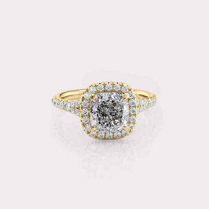 Bague de fiançailles en or jaune avec halo de moissanite taille coussin et pavé dissimulé, bague de promesse pour femme - Product Image 1
