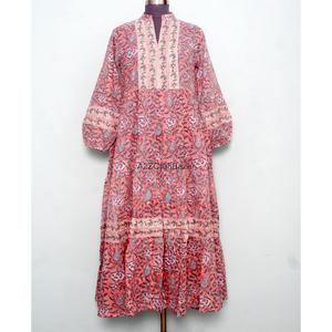 Vestido Maxi Casual Elegante Vintage de Algodón con Estampado Floral y Manga Abullonada con Cuello en V para Mujer, Ajuste Holgado, Transpirable, Venta al por Mayor - Product Image 1