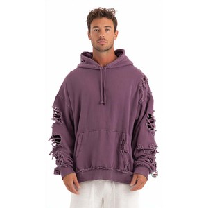 เสื้อฮู้ดผู้ชายทรงปกติ สีเขียวมะกอก แขนยาว ปรับแต่งสีได้ ผ้าฝ้าย 100% เฟรนช์เทอร์รี่ มีกระเป๋า แต่งดีเทลแบบดิสเทรส - Product Image 2