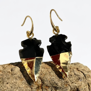 Boucles d'oreilles fantaisie plaquées or de haute qualité, avec pointe de flèche en obsidienne noire, pierre précieuse et cristal d'obsidienne noire, idéales pour cadeaux - Product Image 4