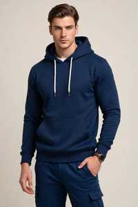 <b>Men's</b> <b>Navy</b> Blue Solid Embroidered Hooded Cotton <b>Fleece</b> Sweatshirt Casual Pullover with Front Pocket - Product Image 5