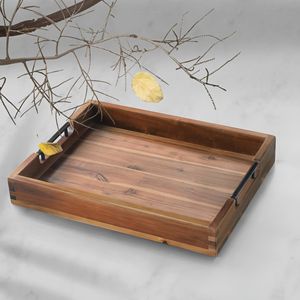 Plateau de service en bois d'acacia avec poignées en métal noir, grand plateau ottoman, plateau alimentaire, plateau de petit-déjeuner, plateau à manger, décoration de cuisine durable - Product Image 2