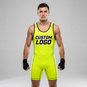 Combinaison de lutte personnalisée pour hommes, jaune fluo, imprimée par sublimation, ajustée, respirante, équipement d'entraînement et de compétition, 100% polyester et élasthanne - Product Image 1