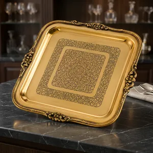 Bandeja de Servir Cuadrada de Latón Grabada a Mano, Plato Decorativo de Metal Dorado para Decoración de Mesa de Comedor, Presentación Tradicional - Product Image 5