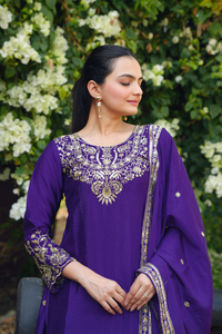 Beautiful Chinon Silk <b>Sequin</b> Frock Style Kurti <b>Flared</b> Plazo Long Stole Combo Three Piece Traditional Indian Outfit - Product Image 3
