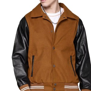 Veste varsity marron pour homme avec manches en cuir PU noir, col rabattu, vêtement décontracté - Product Image 2