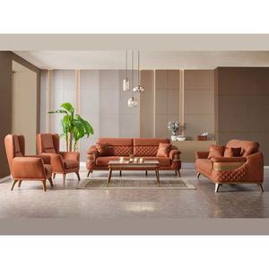 Luxury Solid Teak <b>Wood</b> <b>Sofa</b> Set Modern Cognac Leather 3 2 1 1 Seater Diamond Quilted <b>Sofa</b> Coffee Table Villa Living Room - Product Image 1