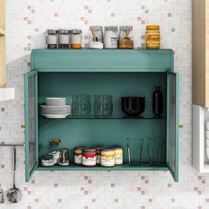 Armadietto Metallico a 2 Ante Verde Militare da Parete con Porte in Vetro Temperato per Bagno, Cucina o Soggiorno - Product Image 4