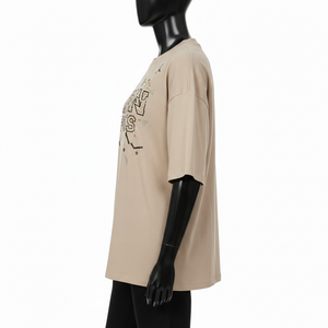 Women Boxy T Shirt Premium Cotton Jersey Sand Beige Oversized Fit Rhinestone <b>Sequin</b> Graphic Print Women Boxy T Shirts Cotton - Product Image 3