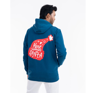 Sweat à capuche de Noël imprimé au dos en tissu respirant de poids moyen de couleur bleue avec tissu polaire de haute qualité pour hommes, sweat à capuche zippé - Product Image 1