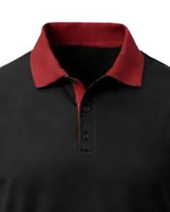 เสื้อโปโลผู้ชายสีดำแบบกำหนดเอง ผ้าฝ้าย คอปกและปลายแขนเสื้อสีแดงตัดกัน ทรงคลาสสิก สวมใส่สบายสำหรับฤดูร้อน รับผลิตแบบ OEM จำนวนมาก - Product Image 5