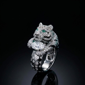 Bague de luxe en or avec panthère tendance, visage de grand chat ovale, certifiée IGI, yeux verts et diamants dispersés, émail noir, diamant de laboratoire animalier - Product Image 2