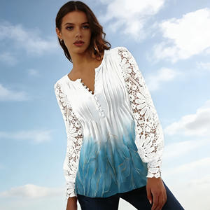 Oferta Especial en Blusa Elegante con Patrón Sólido y Mangas de Encaje Calado, Cuello en V, Abotonada, Camisa Casual para Damas, Primavera - Product Image 4