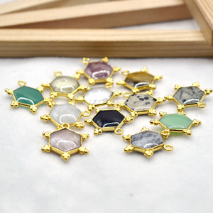 Dalmatian Jasper Hexagon Pendant 10mm Natural Gemstone <b>Charm</b> Gold Plated Bezel Connector Jewelry Making Supply - Product Image 6