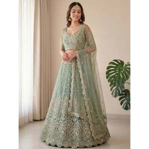 Girls Ethnic Embroidered <b>Green</b> Lehenga Choli in Soft <b>Net</b> with Customized Design - Product Image 5