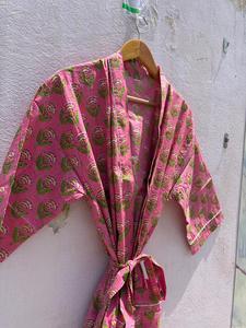 Bata Kimono Rosa de Algodón para Mujer, Albornoz Floral Hecho a Mano con Estampado de Bloques, Ropa de Dormir, Regalo - Product Image 4