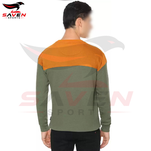 Sweat-shirt en molleton colorblock pour homme, personnalisé, vert olive et jaune moutarde contrastant, col rond, pull décontracté, vente en gros - Product Image 3