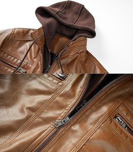 Chaqueta de cuero PU para hombre, estilo motociclista, talla grande, con capucha, transpirable, con cremallera, para otoño, en marrón y negro, venta al por mayor de fábrica. - Product Image 4