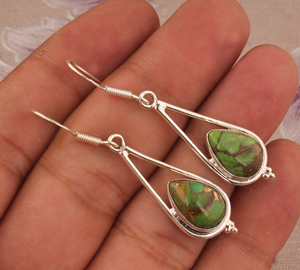 Boucles d'oreilles pendantes en turquoise verte naturelle, argent sterling 925, bijoux artisanaux en pierres précieuses, vente en gros, pierre verte matricielle unique - Product Image 4