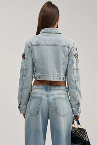 Women's <b>Denim</b> <b>Jacket</b> Set With Embroidered Patches <b>Cropped</b> Top And Wide Leg Jeans Casual Spring Summer Outfit - Product Image 5