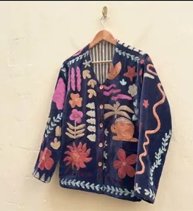 Luxury Navy Blue <b>Velvet</b> Suzani Embroidered <b>Jacket</b> with Floral Print Full Sleeve V-Neck Handmade Bohemian <b>Women's</b> Winter Coat - Product Image 1