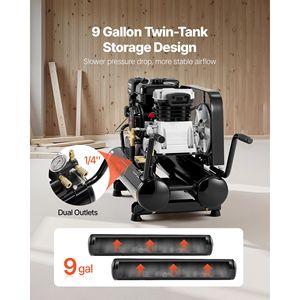 Compressore d'aria a pistone a doppio serbatoio da 9 galloni, alimentato a benzina, 6.5HP 9CFM 115PSI, per pneumatici, con pressione massima - Product Image 3