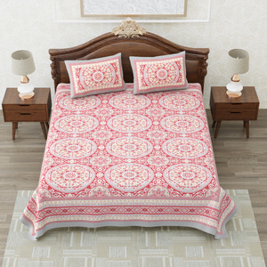Coral Pink Heritage Print <b>King</b> <b>Size</b> Cotton Bedsheet Set with <b>Pillow</b> Covers Soft Breathable Bed Linen - Product Image 1