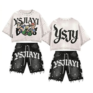 Men's High Street OEM Custom Summer Breathable 2026 Best-Sellers 2 Piece Outfits Designer T-shirt and Jean Shorts <b>Set</b> - Product Image 1