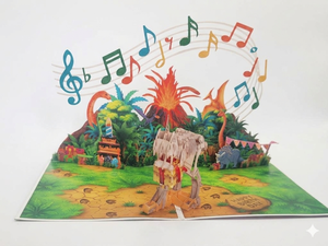 Tarjeta de Cumpleaños Pop-Up de Dinosaurio con Esqueleto 3D y Escena de Volcán, Impresión Digital, Papel con Laminado Brillante - Product Image 1