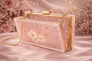<b>Pink</b> Floral Resin Clutch | Handmade Dried Flower <b>Purse</b> with Gold Chain - Product Image 3