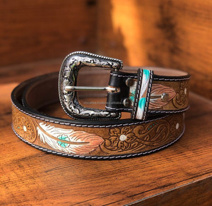 เข็มขัดหนังแท้สไตล์ตะวันตกเข็มขัดเครื่องมือหนังวัวตามสั่งขนาดแฮนด์เมดลายดอกไม้และขนนก - Product Image 3