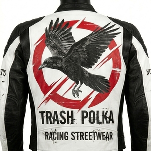 เสื้อแจ็คเก็ตหนังผู้ชายลายกราฟิกสีดำขาวแดง รุ่น Trash Polka Racing สำหรับขี่มอเตอร์ไซค์ สไตล์สตรีทแวร์ - Product Image 5