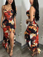Robe longue moulante vintage pour femme à fines bretelles, imprimé floral numérique, volants, fente, sans manches, lavable