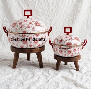 Luxury <b>Red</b> Floral Hot Pot With Wooden Stand Enamel Casserole Gold Handle Ramadan Gift - Product Image 2