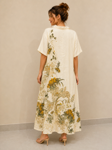 ชุดเดรสยาวลายดอกไม้สีเบจคุณภาพสูง คอปกเสื้อแบบพับได้ แขนสั้น ชุดคุर्ติยาว ชุดนอนลำลอง ชุดลำลองฤดูร้อนสำหรับผู้หญิง - Product Image 3