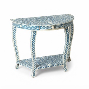 Mesa Consola de Alta Calidad con Incrustaciones de Hueso Azul, Mesa de Entrada Semicircular con Patrón Floral de Lujo, Muebles con Incrustaciones Indias al por Mayor - Product Image 1