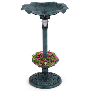Combinazione di abbeveratoio e mangiatoia per uccelli in bronzo su piedistallo con lampada a energia solare per decorazione da giardino esterno - Product Image 3