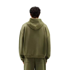 Men's Olive Green Hooded Fleece Zip-Up Sweatshirt Casual Autumn Wear Solid Color <b>Knitted</b> Fabric - Product Image 3