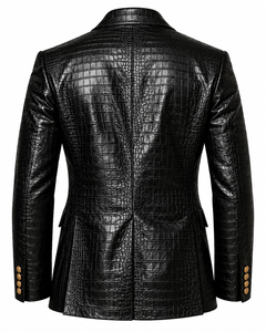 <b>Men's</b> Designer Black Croc Pattern <b>Leather</b> <b>Blazer</b> Double Breasted Gold Button Closure Peak Lapel Luxury Formal <b>Blazer</b> - Product Image 2
