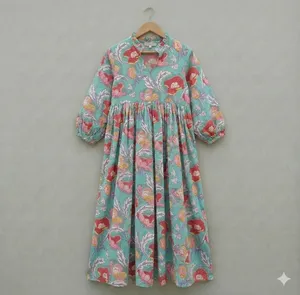 Robe midi en coton bleu clair de qualité supérieure, à imprimé floral, avec manches bouffantes, coupe ample, col en V, robe d'été décontractée - Product Image 4